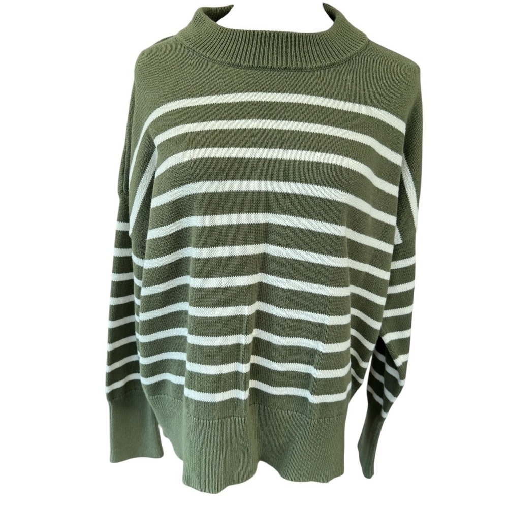 GAP‎ Womens Large Olive Green White Striped Mock Neck Cotton Knit Sweater L